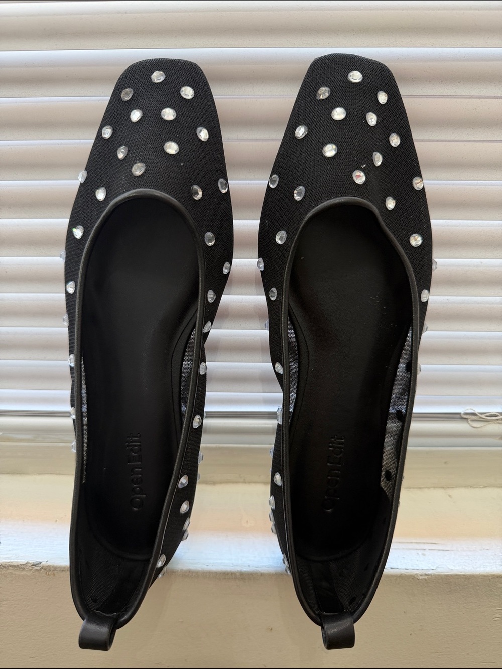 Studded Black Square-Toe Mesh Ballet Flats